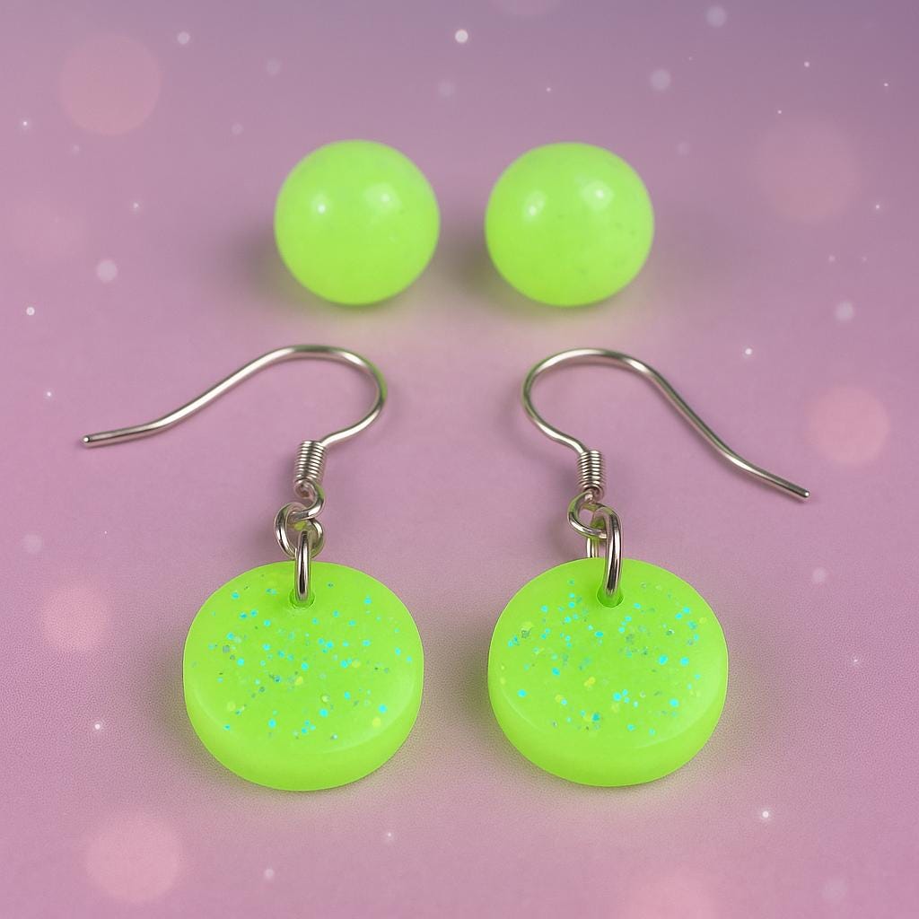 Yellow Glow-in-the-Dark Round Earrings Set – 1 Pair Small Round Stud and 1 Pair Small Round Dangle – Jewelry for Kids, Teens & Adults