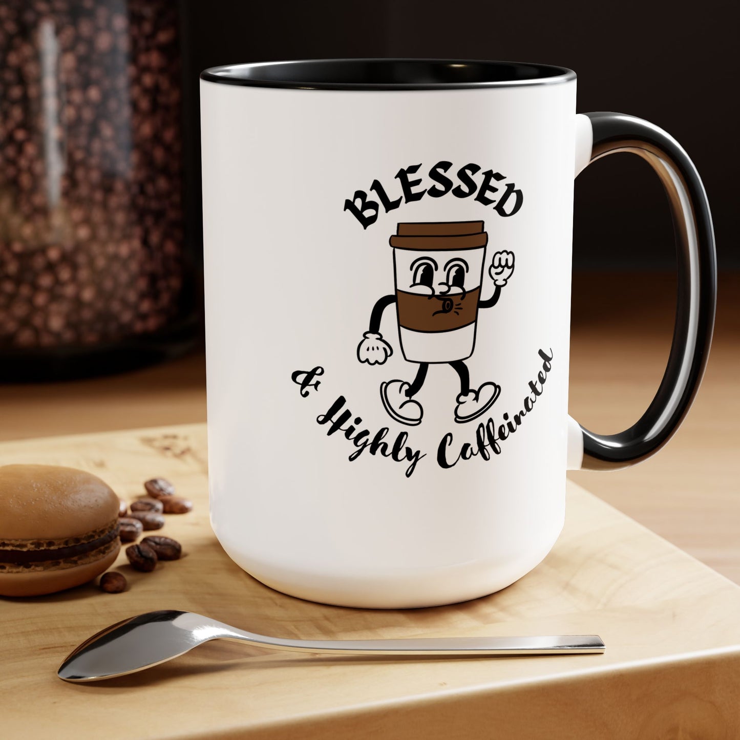 Blessed & Highly Caffeinated Mug: Faithful Gift, Office Gift, Christian Coffee Mug, Two-Tone Coffee Mugs, 15oz