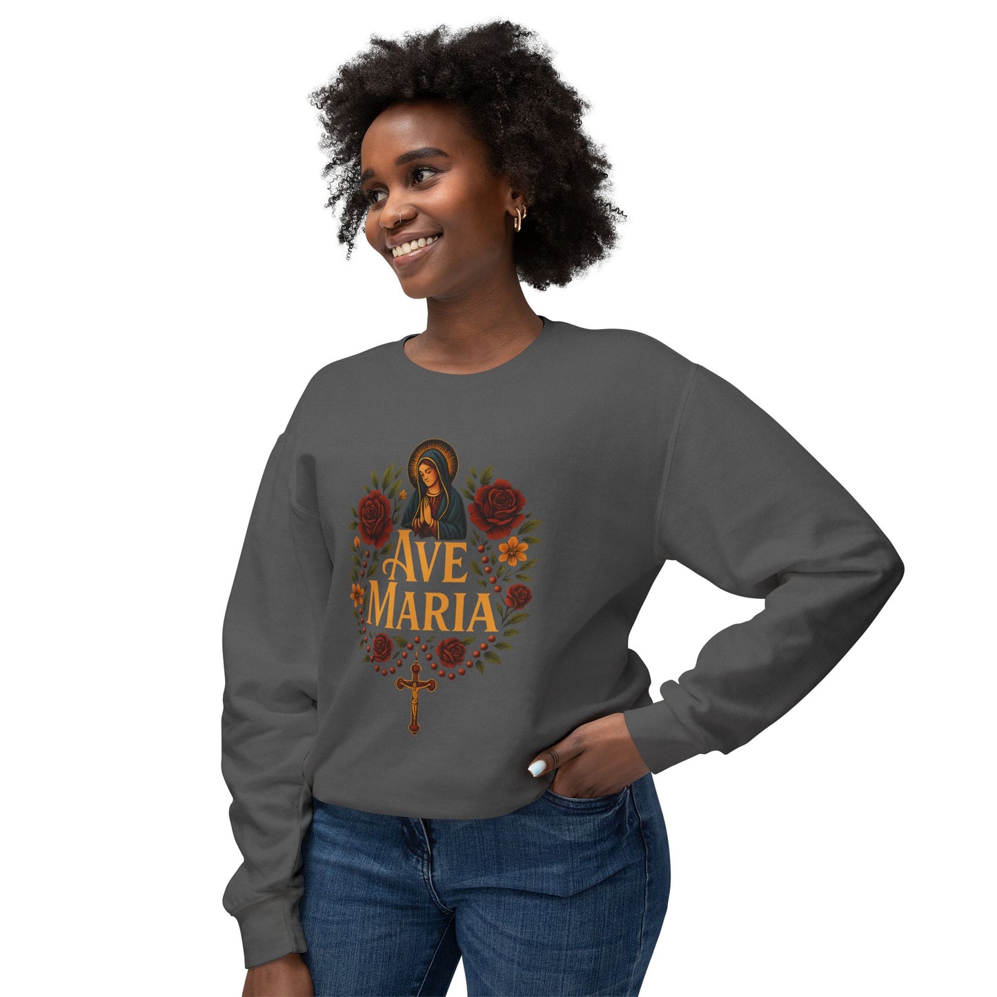Ave Maria Unisex Lightweight Crewneck Sweatshirt - Perfect for Faithful Everyday Wear, Church Events, Religious Gifts, Cozy Casual Style