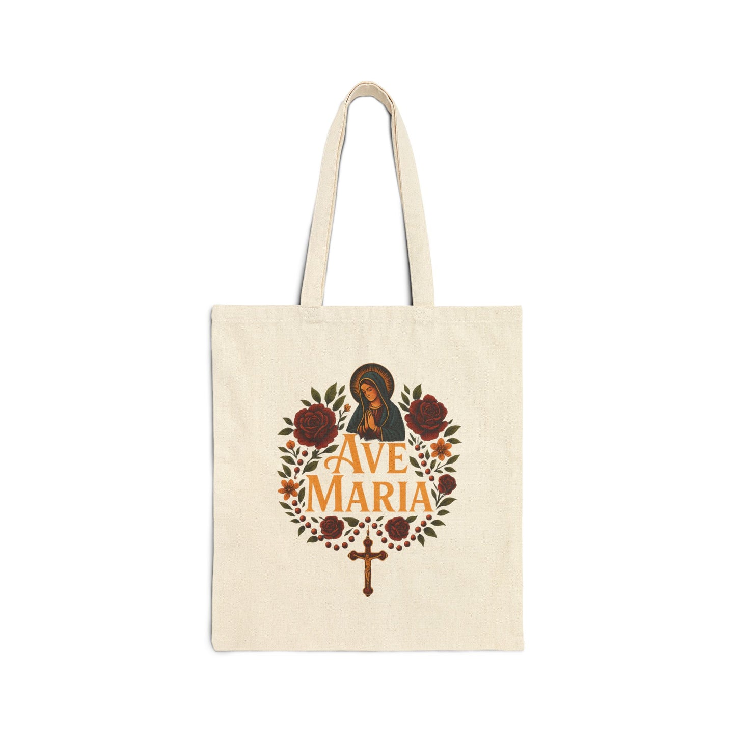 Ave Maria Cotton Canvas Tote Bag, Eco-Friendly Shopping Bag, Religious Gift, Floral Design, Perfect for Everyday Use