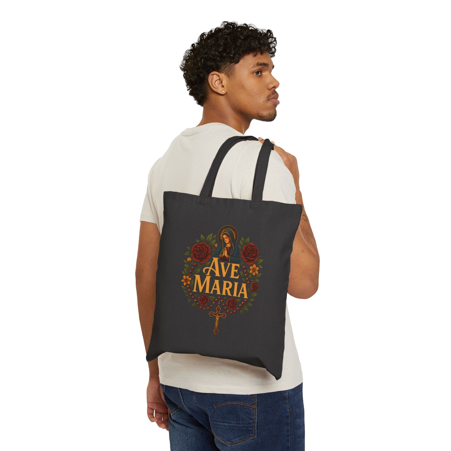 Ave Maria Cotton Canvas Tote Bag, Eco-Friendly Shopping Bag, Religious Gift, Floral Design, Perfect for Everyday Use