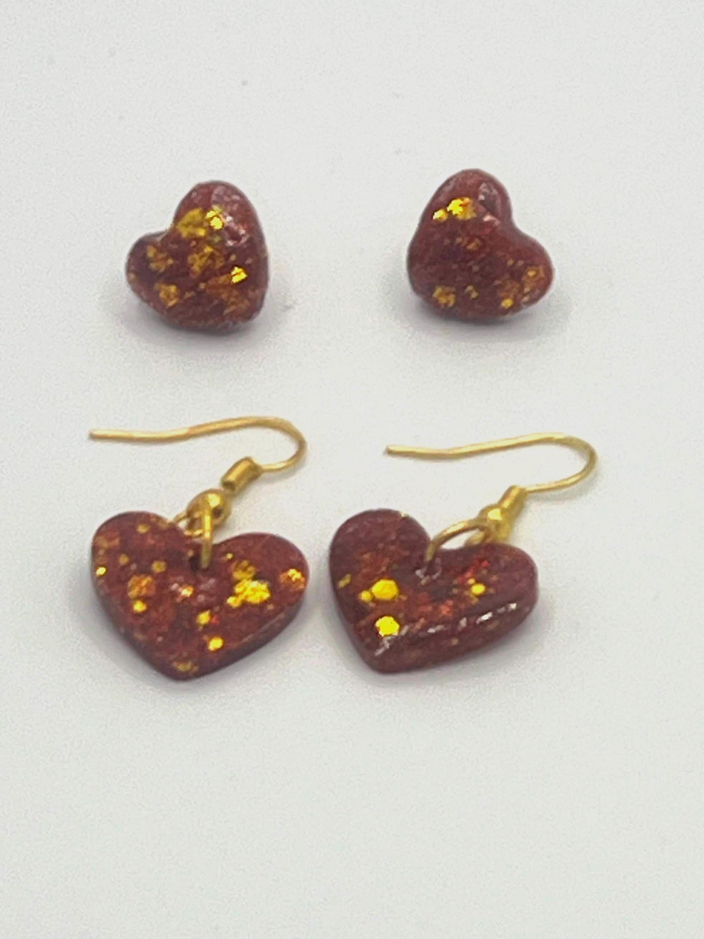 Sparkly Red and Gold Heart Earrings Set – 2 Pairs of Heart Stud and Dangle Earrings - Jewelry for Kids, Teens & Adults, Handmade Gift