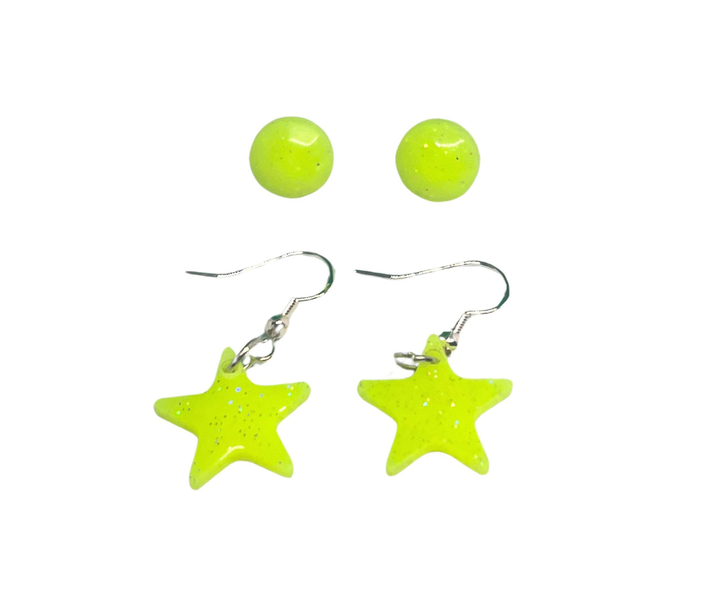 Yellow Glow in the Dark Earrings Set – 1 Pair Stud and 1 Pair Star Dangle with sparkles - Jewelry for Kids, Teens & Adults, Handmade Gift