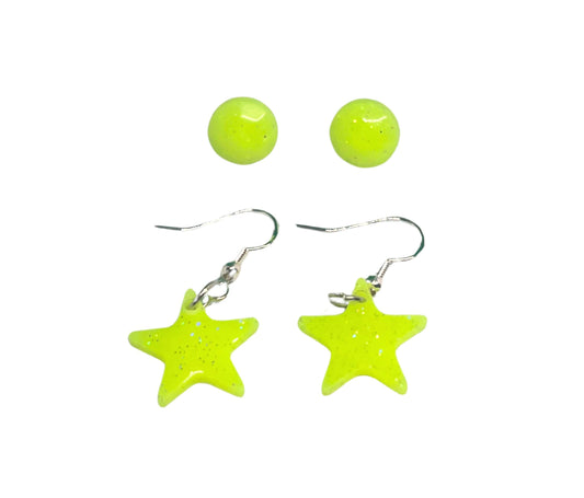 Yellow Glow in the Dark Earrings Set – 1 Pair Stud and 1 Pair Star Dangle with sparkles - Jewelry for Kids, Teens & Adults, Handmade Gift