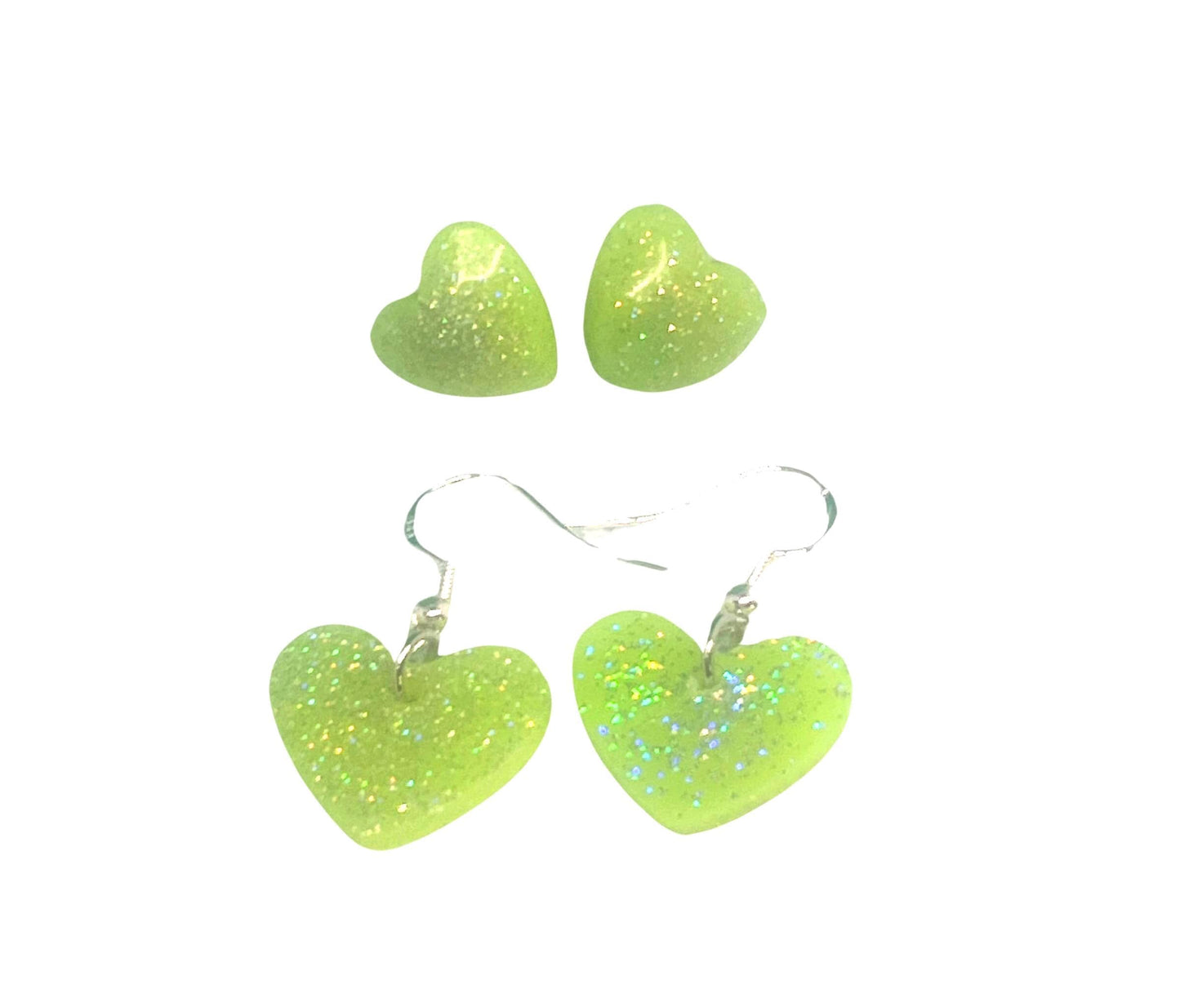 Yellow Glow-in the Dark Sparkly Heart Earrings Set – 1 Pair Heart Stud and 1 Pair Heart Dangle Jewelry for Kids, Teens & Adults, Handmade