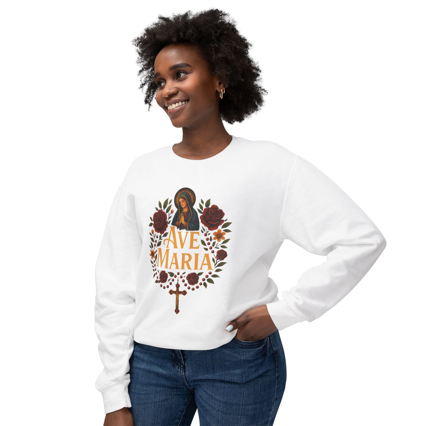 Ave Maria Unisex Lightweight Crewneck Sweatshirt - Perfect for Faithful Everyday Wear, Church Events, Religious Gifts, Cozy Casual Style
