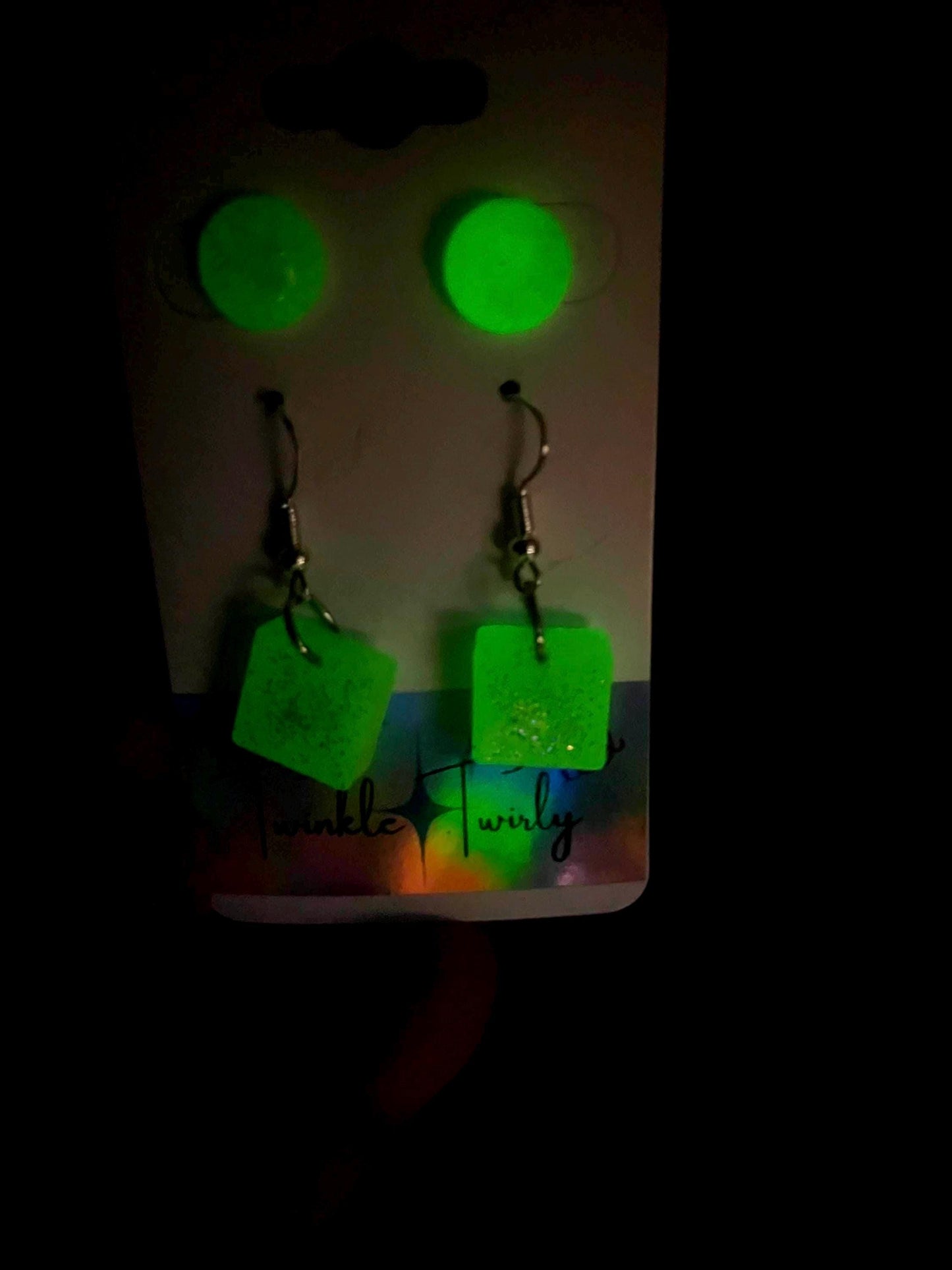 Yellow Glow in the Dark Sparkle Earrings Set – 1 Pair Stud and 1 Pair Square Dangle – Sparkly Jewelry for Kids, Teens & Adults, Handmade