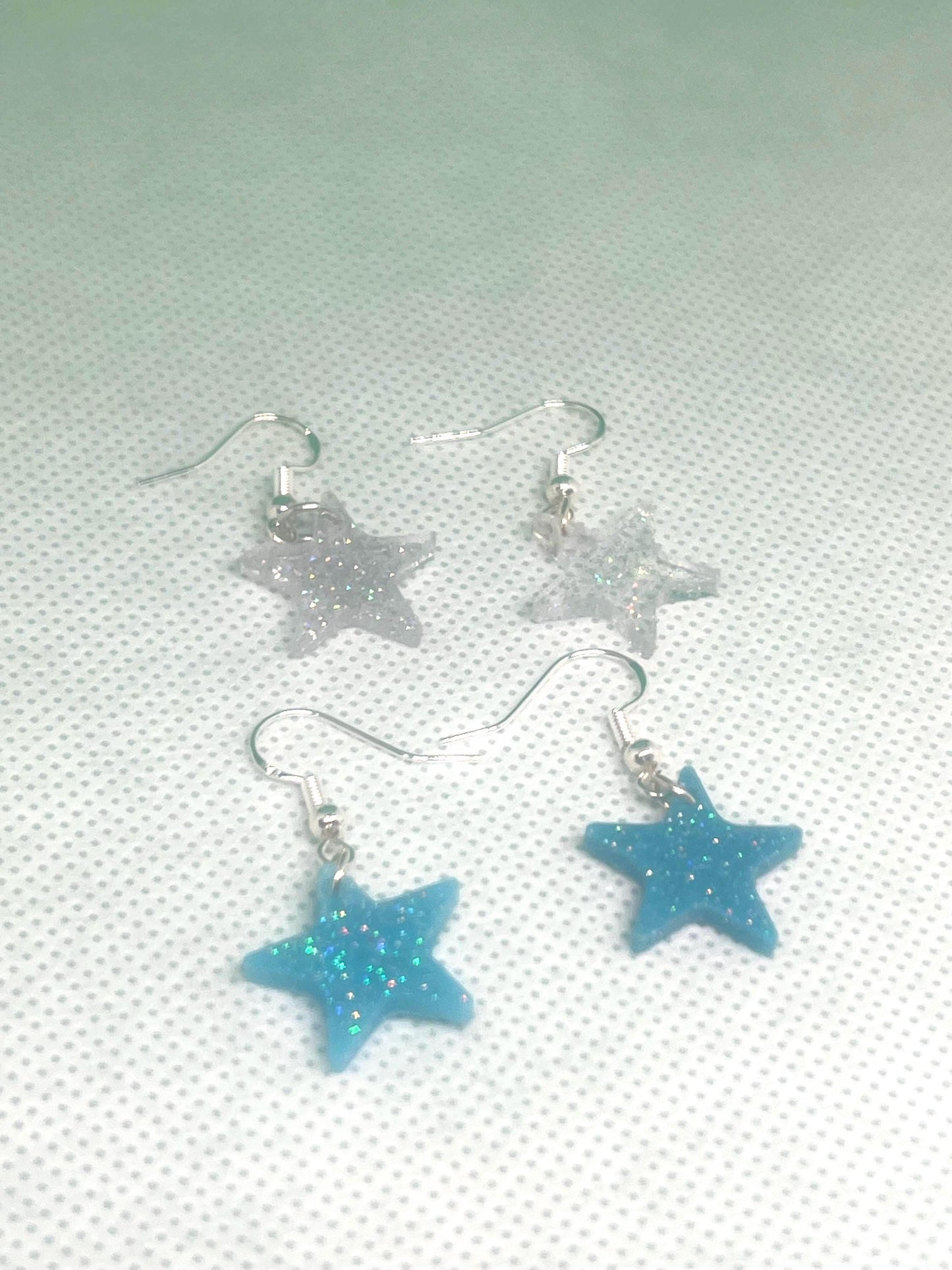 Sparkly Star Dangle Earrings Set, 2 Pairs in Clear and Turquoise Blue with Shimmer – Fun Jewelry for Kids, Teens & Adults, Handmade Gift