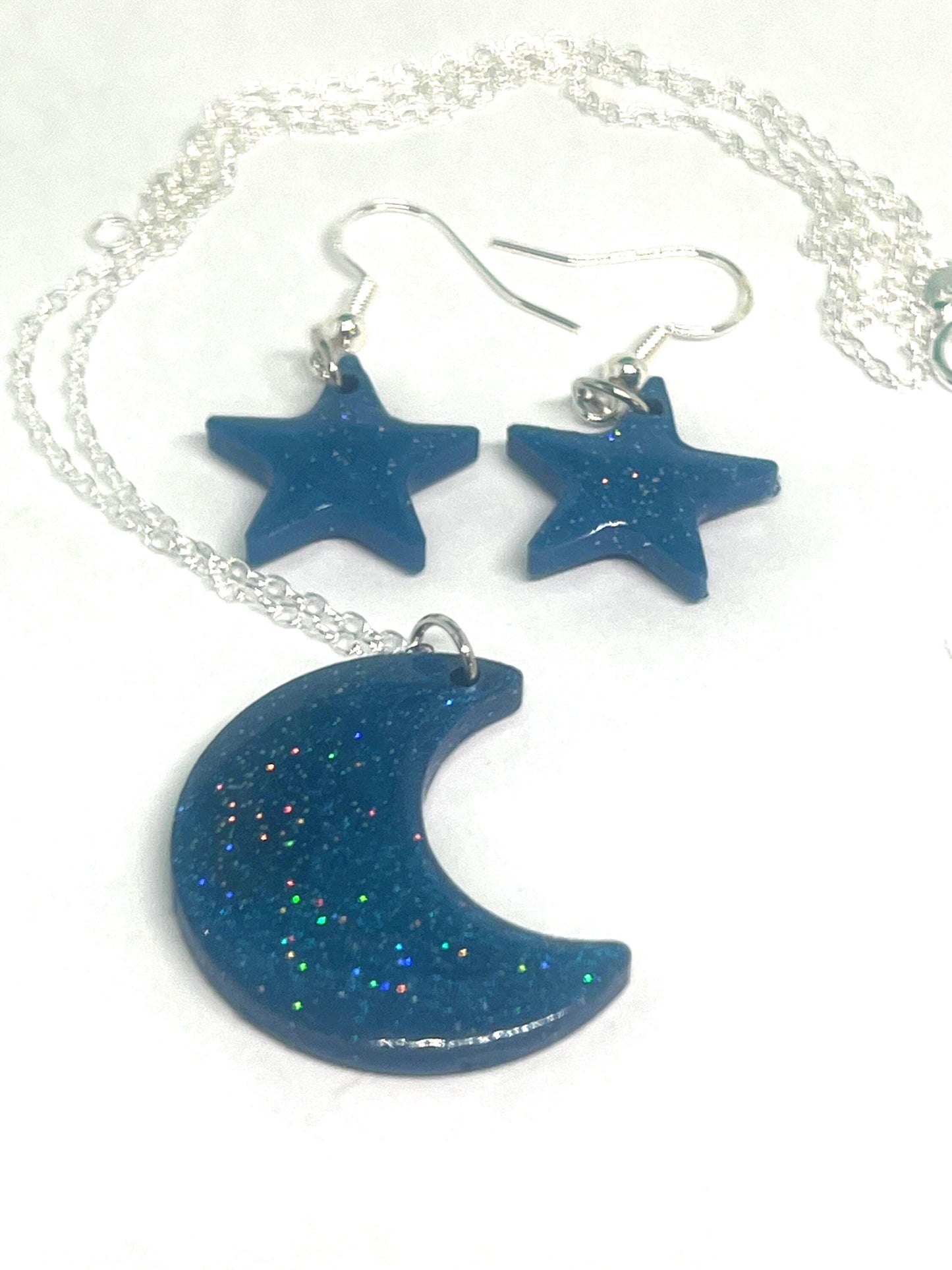 Sparkly Iridescent Blue Moon Necklace and Star Earrings Set – Dazzling Jewelry for Kids, Teens & Adults – Handmade Celestial Gift
