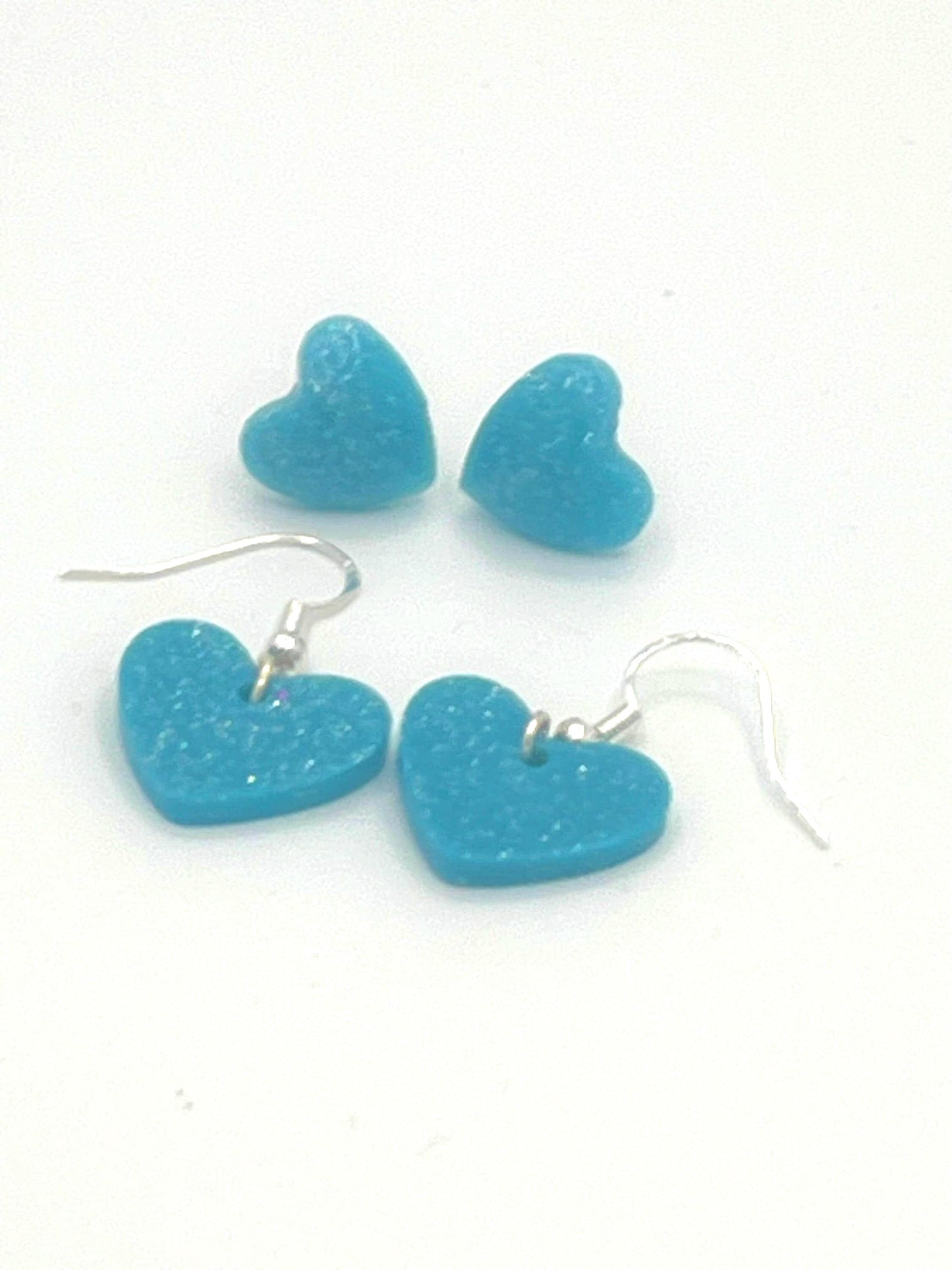 Sparkly Turquoise Blue Heart Earrings Set, 2 Pairs of Heart Stud and Dangle Earrings Handmade Jewelry Gift for Kids, Teens & Adults