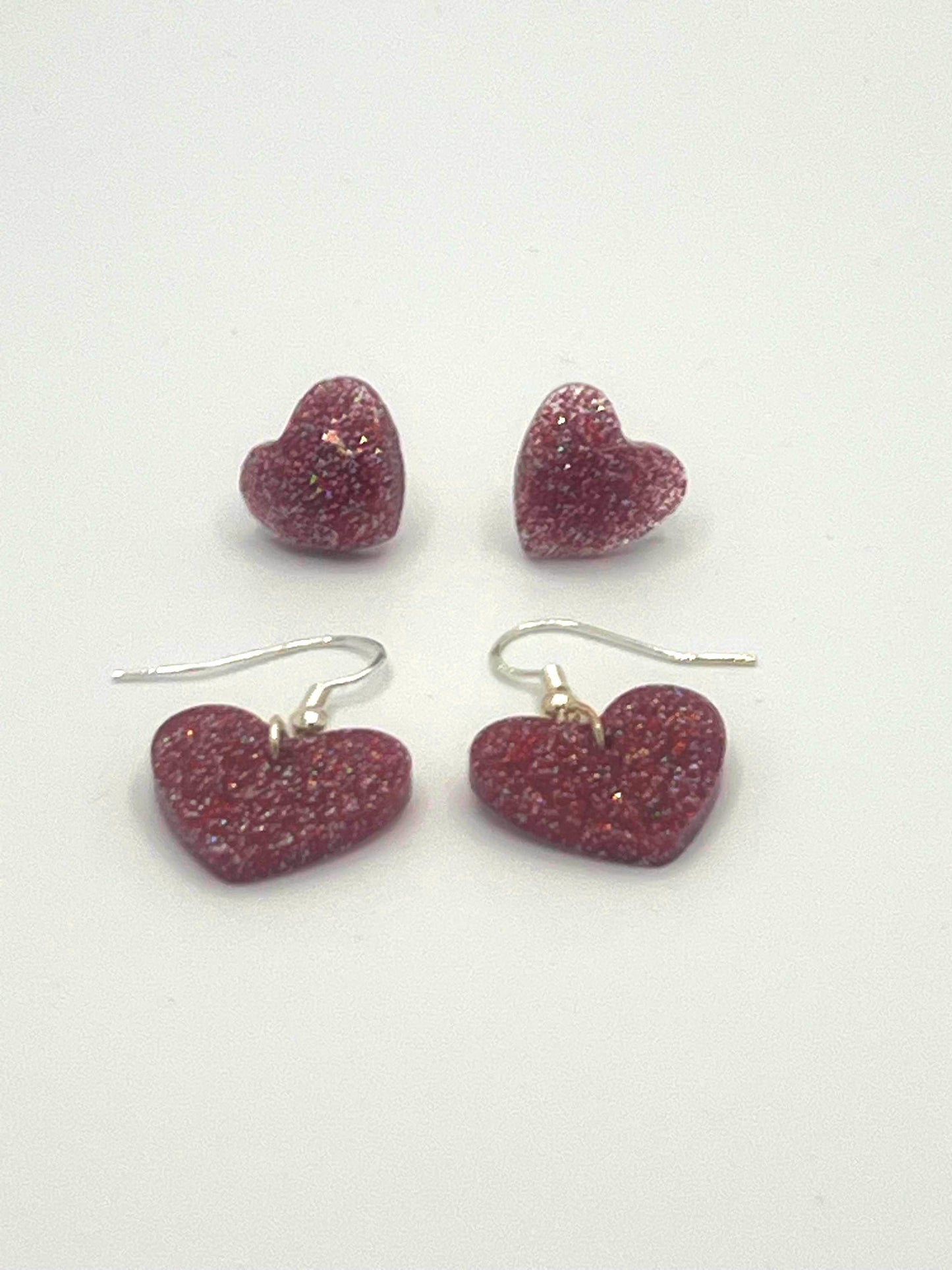 Sparkly Red Heart Earrings Set – 2 Pairs of Heart Stud and Dangle Earrings – Glittery Jewelry Gift for Kids, Teens & Adults, Handmade