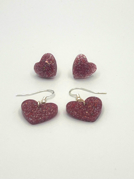 Sparkly Red Heart Earrings Set – 2 Pairs of Heart Stud and Dangle Earrings – Glittery Jewelry Gift for Kids, Teens & Adults, Handmade