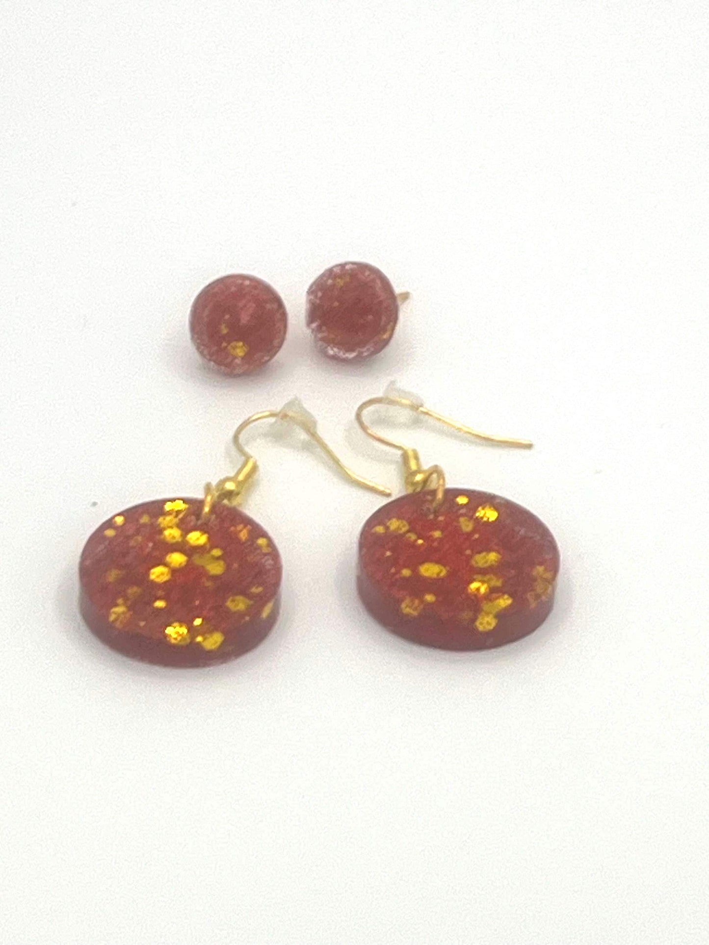 Sparkly Red and Gold Round Earrings Set, 2 Pairs of Round Stud and Dangle Earrings – Jewelry for Kids, Teens & Adults, Handmade Gift