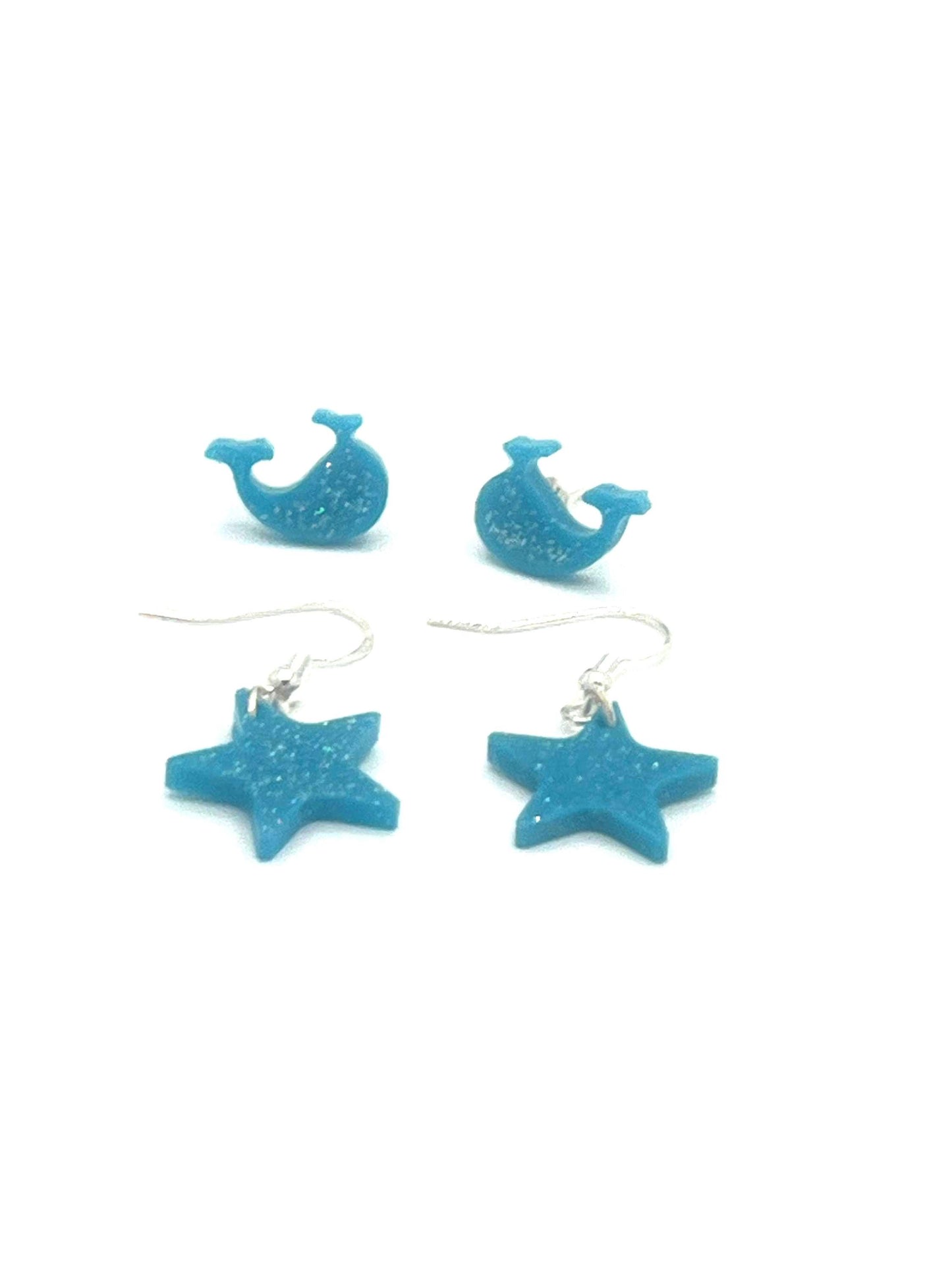 Sparkly Turquoise Blue Whale and Star Earrings Set 2 Pairs of Fun Whale Stud & Star Dangle Earrings – Handmade Jewelry for everone