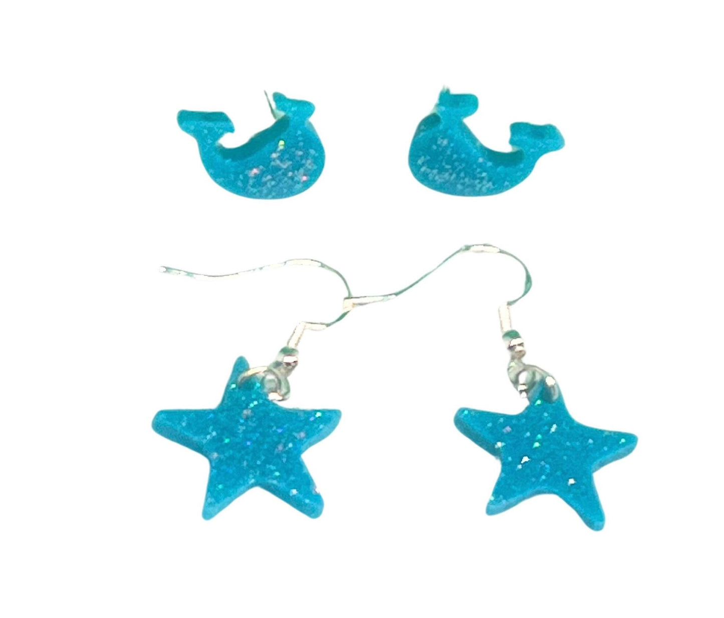 Sparkly Turquoise Blue Whale and Star Earrings Set 2 Pairs of Fun Whale Stud & Star Dangle Earrings – Handmade Jewelry for everone