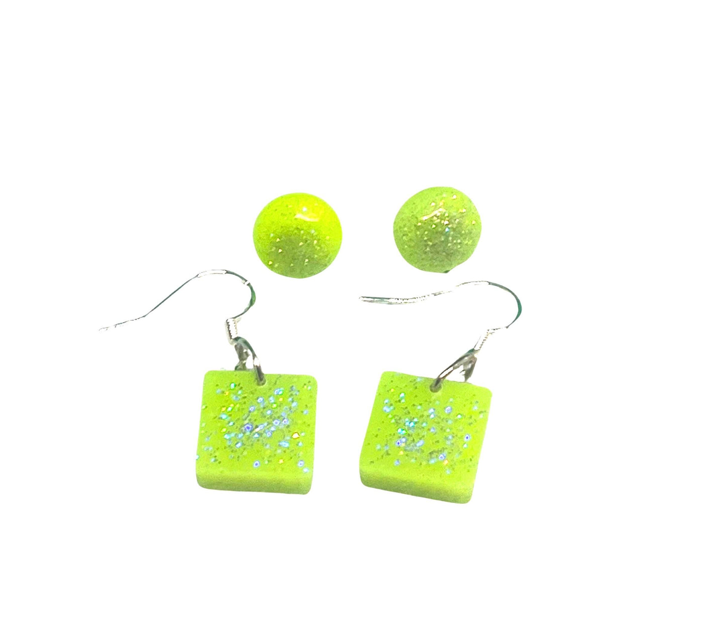 Yellow Glow in the Dark Sparkle Earrings Set – 1 Pair Stud and 1 Pair Square Dangle – Sparkly Jewelry for Kids, Teens & Adults, Handmade