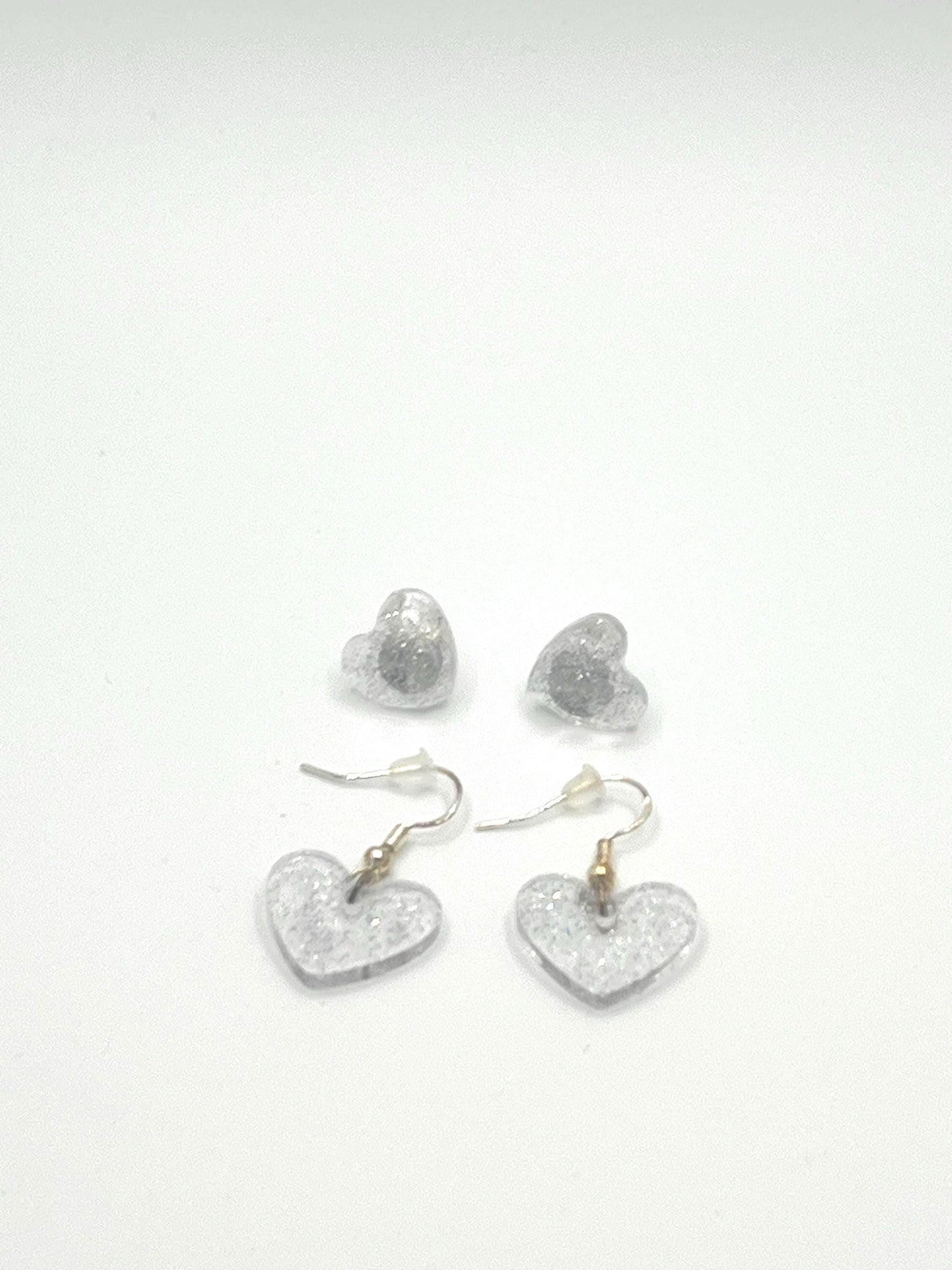 Clear Iridescent Earrings Set - 1 Pair Heart Stud and 1 Pair Heart Dangle with Sparkles Jewelry Gift for Kids Teens & Adults