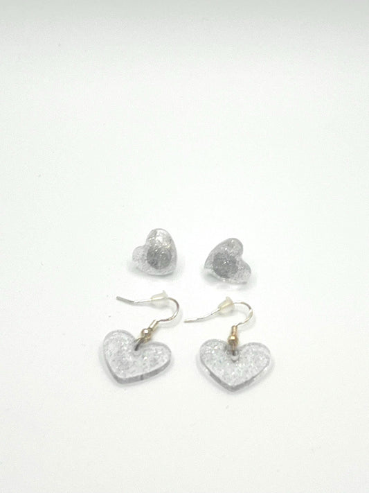 Clear Iridescent Earrings Set - 1 Pair Heart Stud and 1 Pair Heart Dangle with Sparkles Jewelry Gift for Kids Teens & Adults