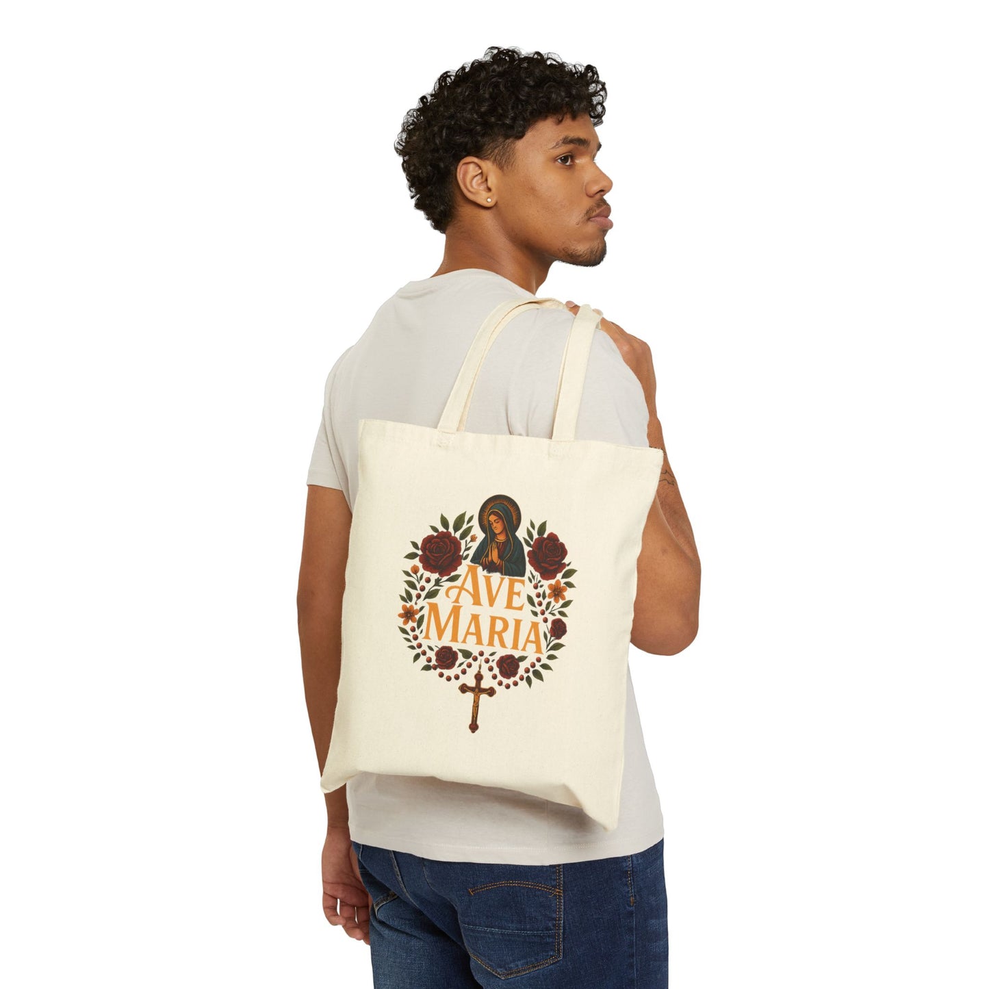 Ave Maria Cotton Canvas Tote Bag, Eco-Friendly Shopping Bag, Religious Gift, Floral Design, Perfect for Everyday Use