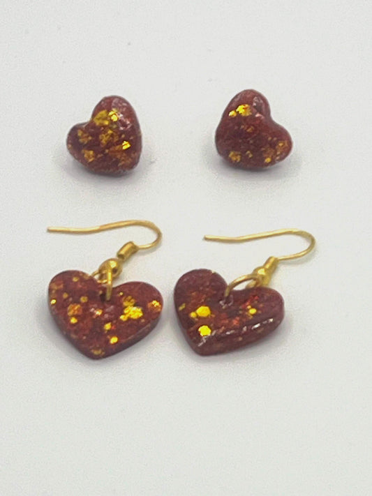Sparkly Red and Gold Heart Earrings Set – 2 Pairs of Heart Stud and Dangle Earrings - Jewelry for Kids, Teens & Adults, Handmade Gift