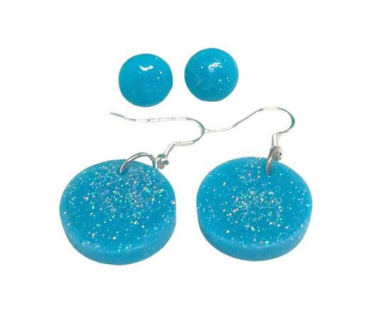 Sparkly Turquoise Blue Earrings Set – Unique 2-Pair Set with Round Studs and Dangle Earrings – Handmade Jewelry for Teens & Adults