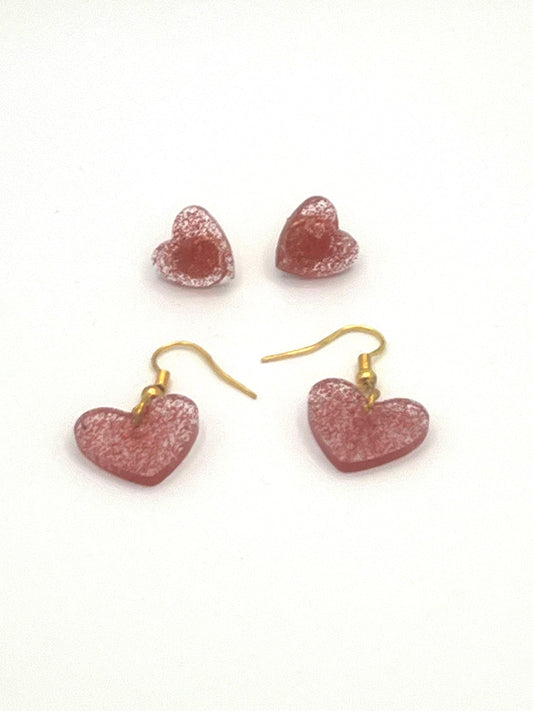 Red Shimmer Heart Earrings Set – 2 Pairs of Heart Stud and Dangle Earrings – Shimmery Jewelry Gift for Kids, Teens & Adults, Handmade