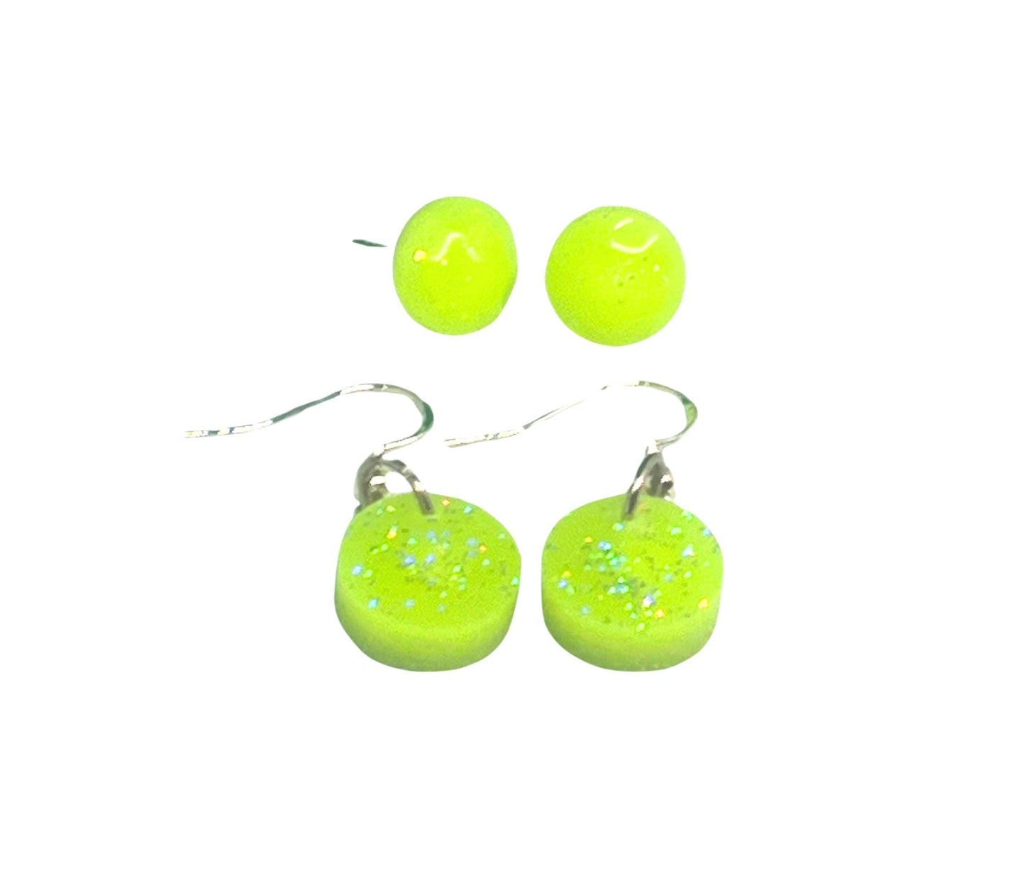 Yellow Glow-in-the-Dark Round Earrings Set – 1 Pair Small Round Stud and 1 Pair Small Round Dangle – Jewelry for Kids, Teens & Adults