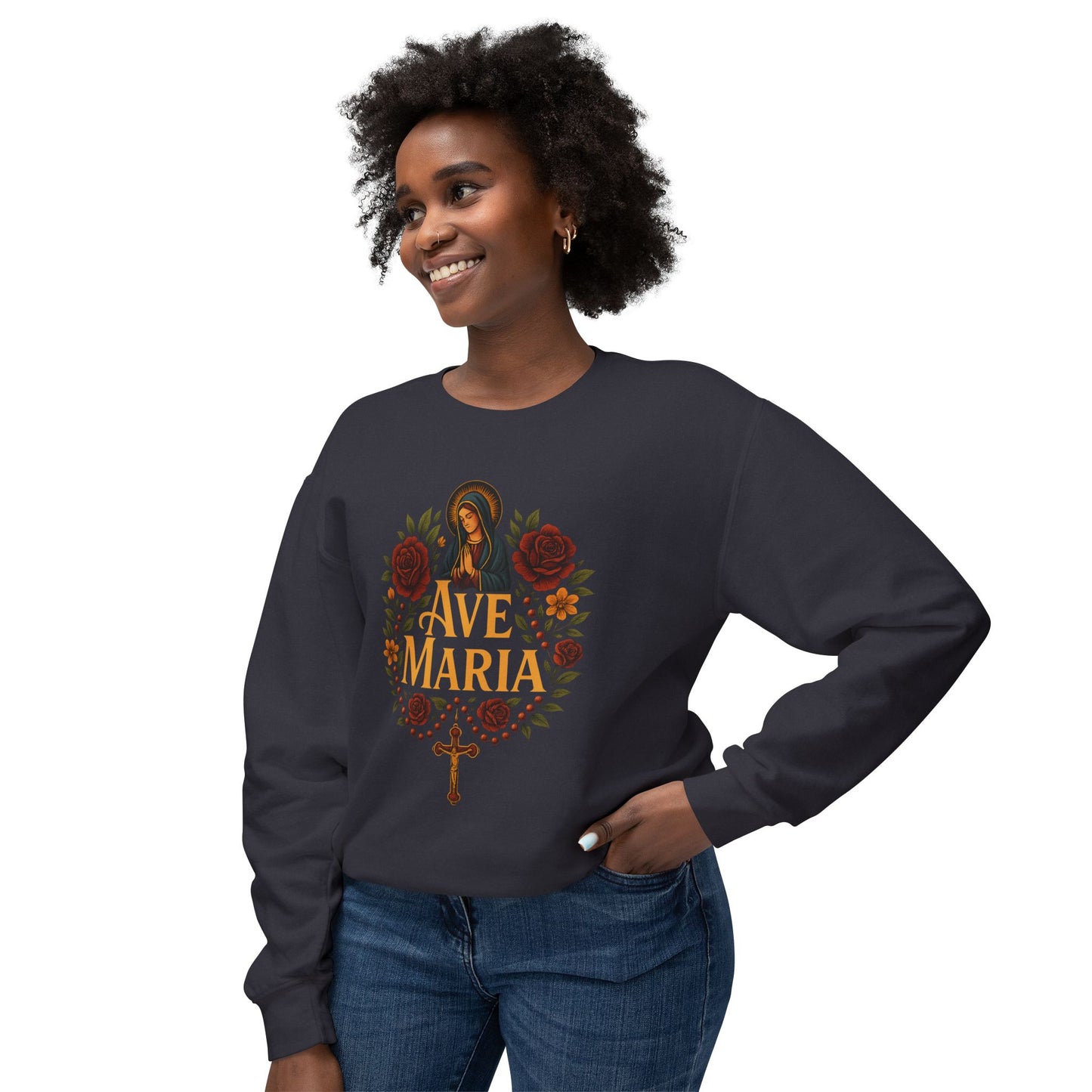 Ave Maria Unisex Lightweight Crewneck Sweatshirt - Perfect for Faithful Everyday Wear, Church Events, Religious Gifts, Cozy Casual Style