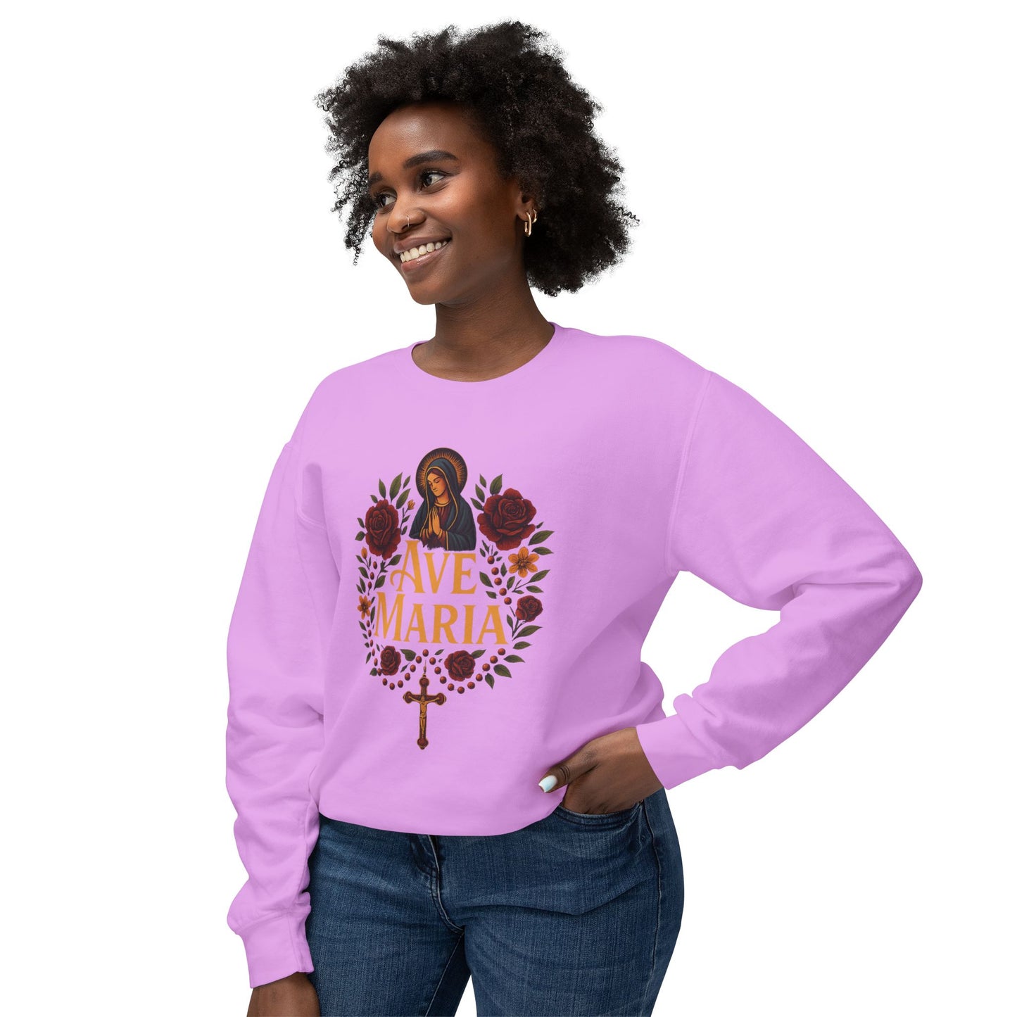 Ave Maria Unisex Lightweight Crewneck Sweatshirt - Perfect for Faithful Everyday Wear, Church Events, Religious Gifts, Cozy Casual Style