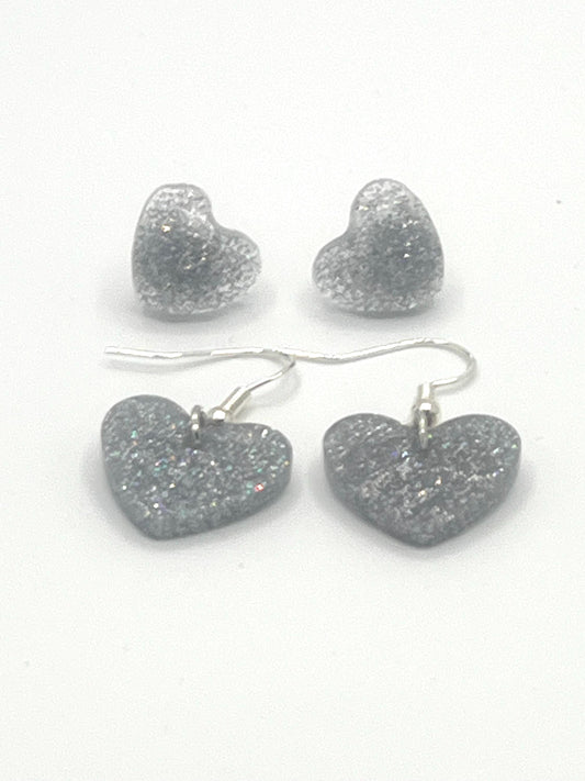 Iridescent Earrings Set - 1 Pair Heart Stud and 1 Pair Heart Dangle with Sparkles Jewelry Gift for Kids Teens & Adults
