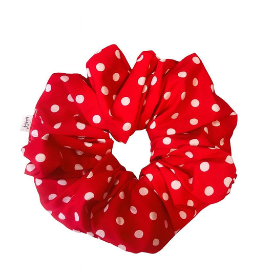 Classic Red Polka Dot Scrunchie – Handmade Hair Tie in Mini, Regular & XL Sizes | Retro Vintage Style Hair Accessory | Gift for Her