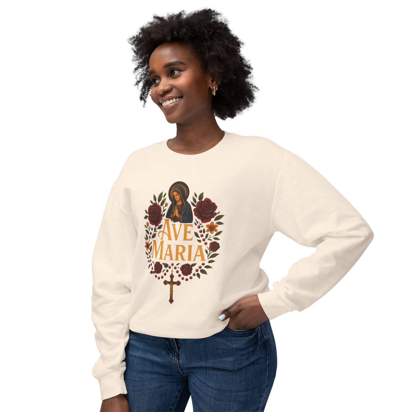 Ave Maria Unisex Lightweight Crewneck Sweatshirt - Perfect for Faithful Everyday Wear, Church Events, Religious Gifts, Cozy Casual Style