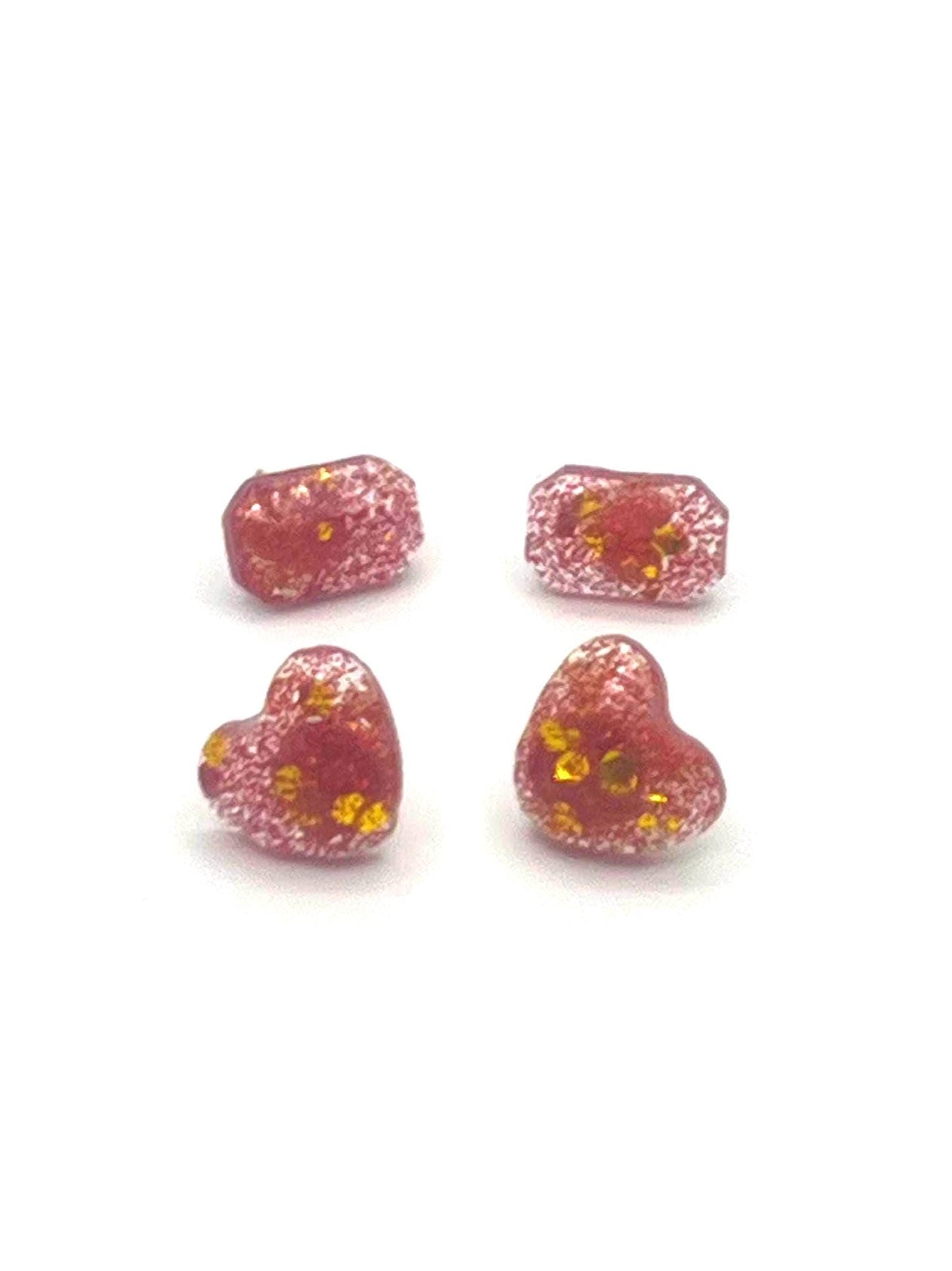 Sparkly Red and Gold Stud Earrings Set – 2 Pairs of Glittery Studs – Sparkly Jewelry for Kids, Teens & Adults, Handmade Gift
