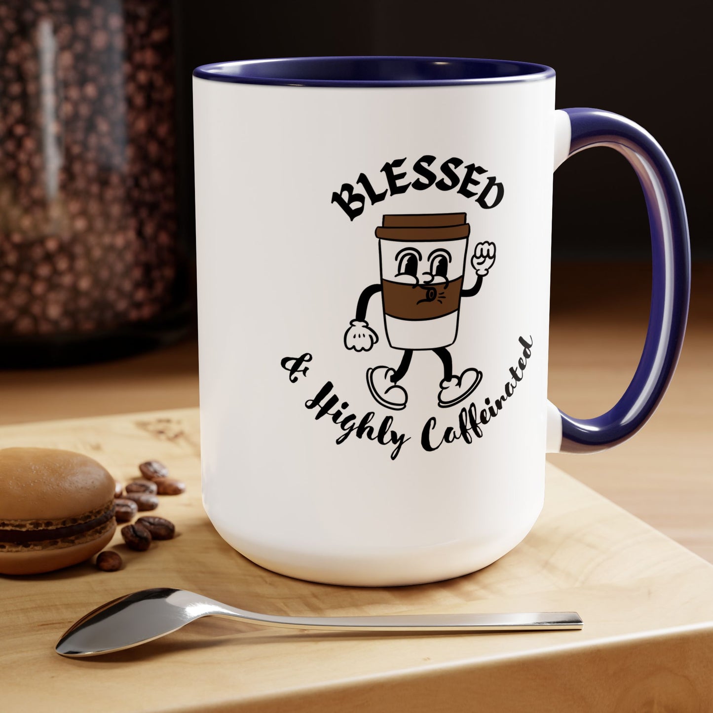 Blessed & Highly Caffeinated Mug:  Faithful Gift, Office Gift, Christian Coffee Mug, Two-Tone Coffee Mugs, 15oz