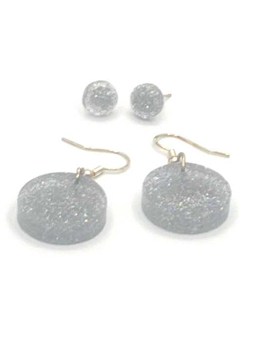 Iridescent Earrings Set - 1 Pair Small Round Stud and 1 Pair Small Round Dangle with Sparkles Jewelry Gift for Kids Teens & Adults
