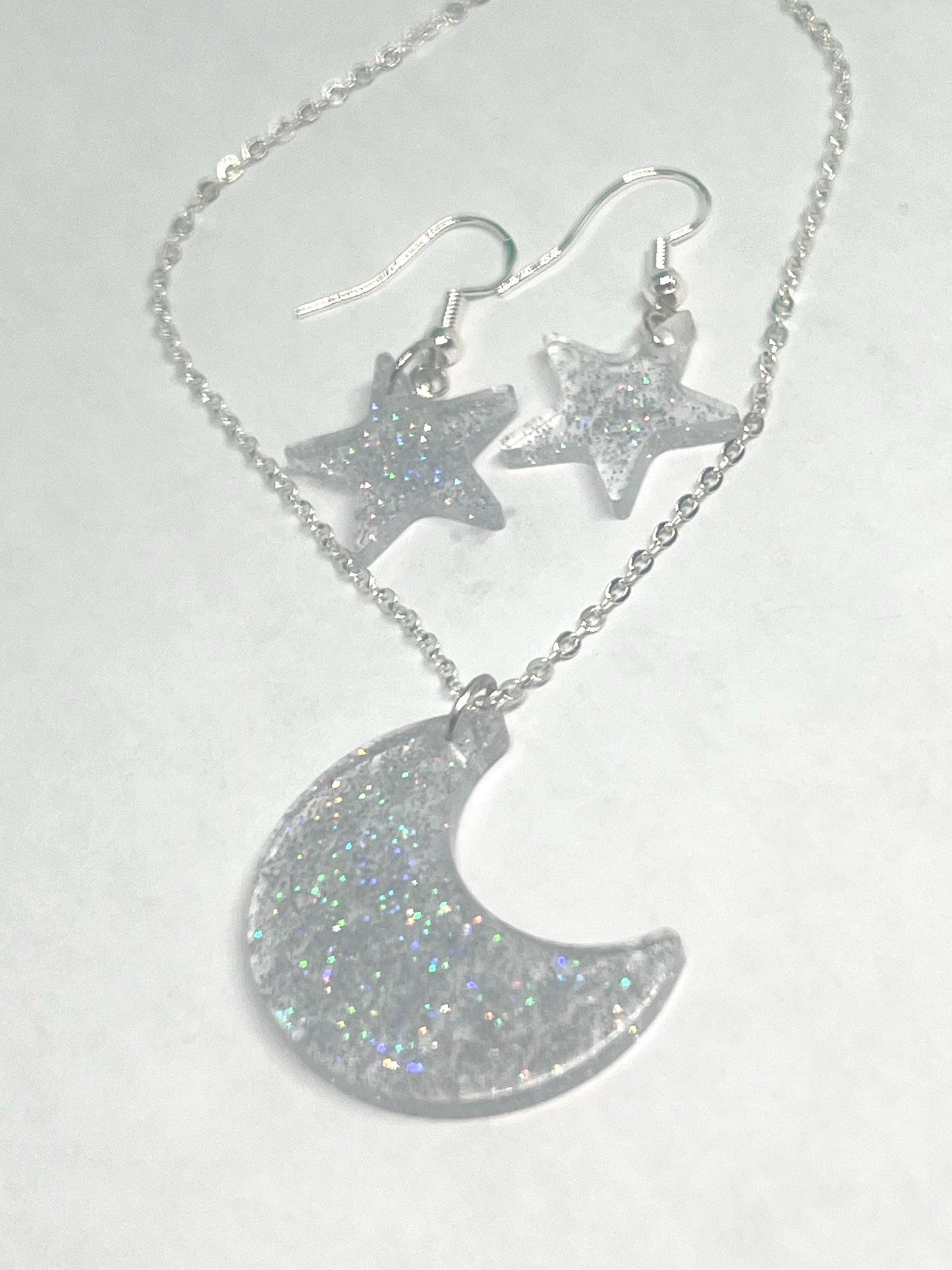 Sparkly Iridescent Moon Necklace and Star Earrings Set – Dazzling Jewelry for Kids, Teens & Adults – Handmade Celestial Gift