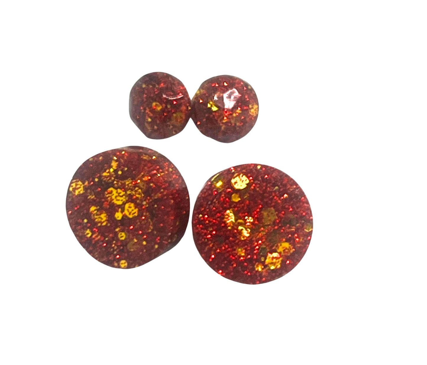 Sparkly Red and Gold Round Stud Earrings Set – 2 Pairs of Small and Large Round Studs – Jewelry for Kids, Teens & Adults, Handmade Gift