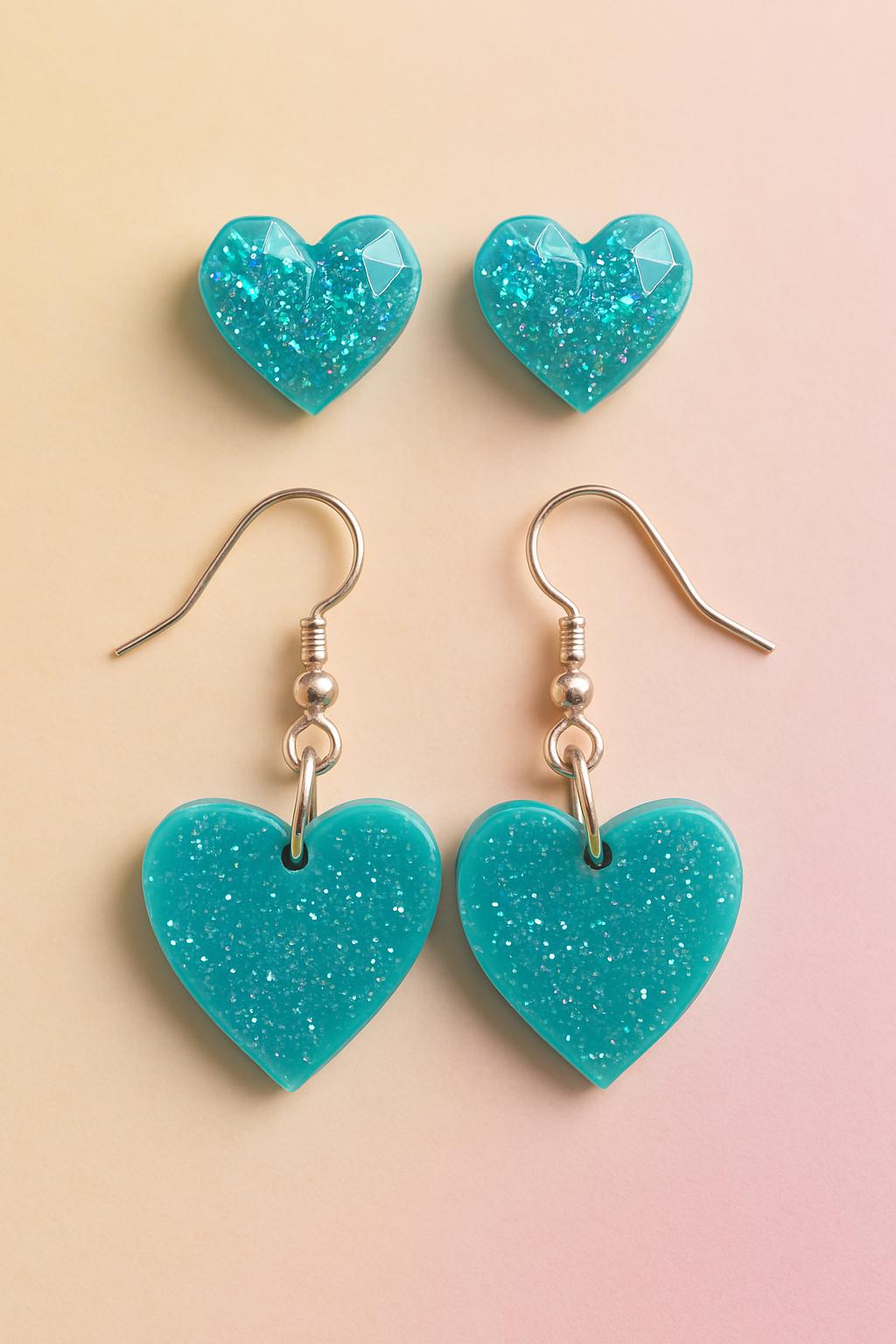 Sparkly Turquoise Blue Heart Earrings Set, 2 Pairs of Heart Stud and Dangle Earrings Handmade Jewelry Gift for Kids, Teens & Adults
