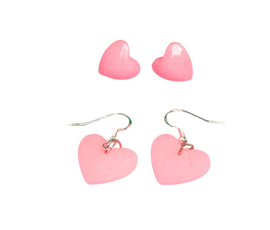 Shimmering Petal Pink Earrings Set – 2 Pairs of Heart Stud and Dangle Earrings – Handmade Jewelry for Kids, Teens & Adults