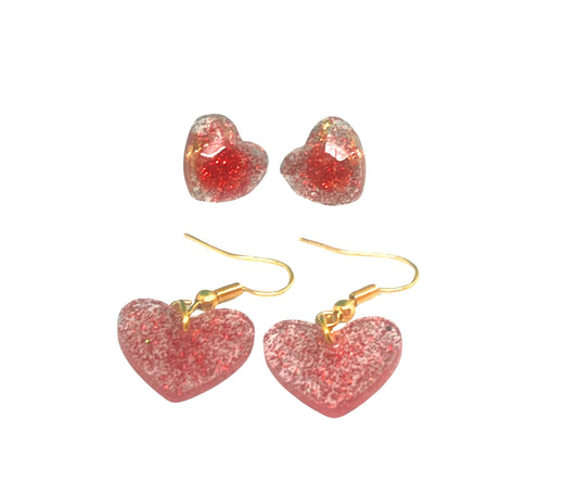 Red Shimmer Heart Earrings Set – 2 Pairs of Heart Stud and Dangle Earrings – Shimmery Jewelry Gift for Kids, Teens & Adults, Handmade