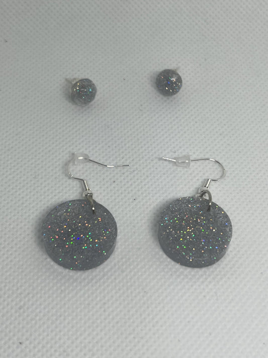 Iridescent Earrings Set - 1 Pair Small Round Stud and 1 Pair Small Round Dangle with Sparkles Jewelry Gift for Kids Teens & Adults